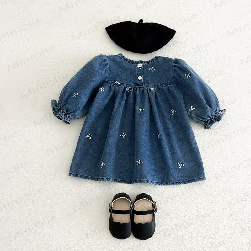 Girls Bow Embroidered Denim Dress - image 2