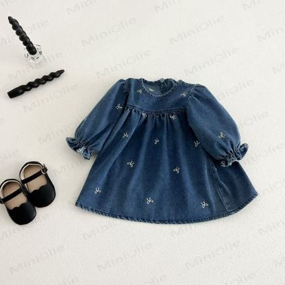 Girls Bow Embroidered Denim Dress - image 3