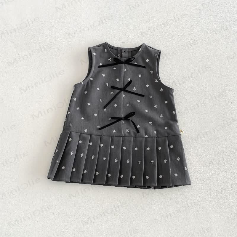 Toddler Baby Girl Solid Peter Pan Collar Bow Shirt & Bow Floral Sleeveless Dress - Gray - 130 - image 5