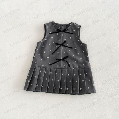 Toddler Baby Girl Solid Peter Pan Collar Bow Shirt & Bow Floral Sleeveless Dress - Gray - 130 - image 5
