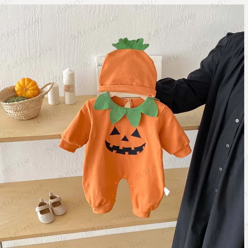 Baby Pumpkin Leaf Collar Halloween Romper and Hat - Orange - 18-24M - image 1