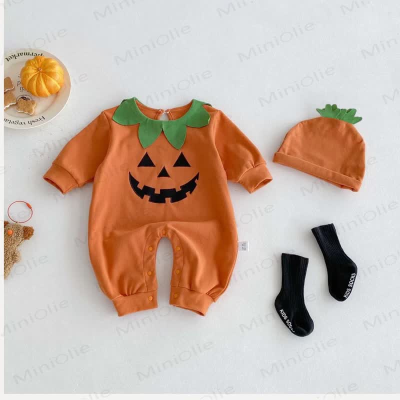 Baby Pumpkin Leaf Collar Halloween Romper and Hat - image 2