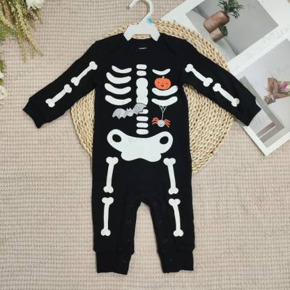 Baby Halloween Skeleton Print Long Sleeve Romper - Black Bat - 18-24M - image 1