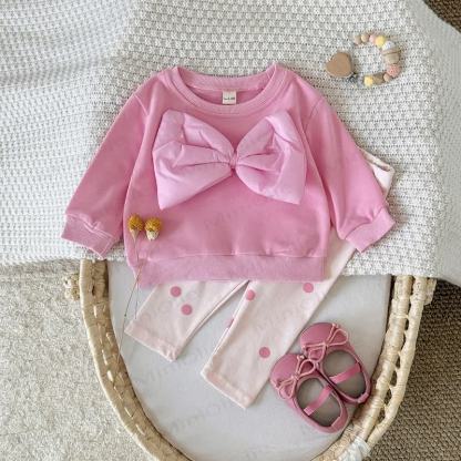 Baby Pink Bow Sweatshirt and Polka Dot Leggings Set - image 1
