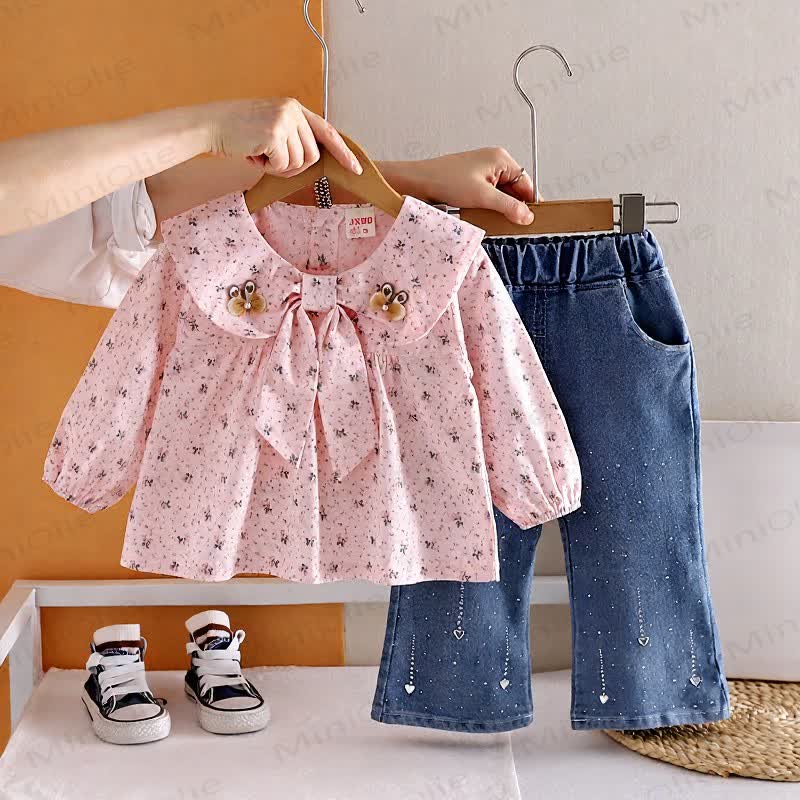 Toddler Girl Long Sleeve Floral Blouse and Denim Pants 2-piece Set - Pink - 4-5T - image 3