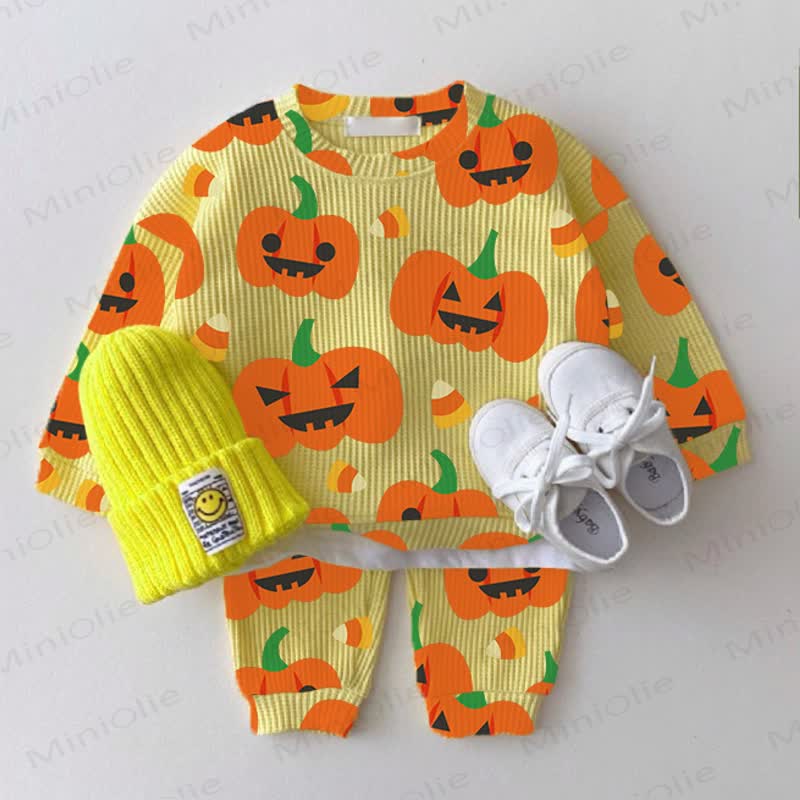 Baby Funny Face Pumpkin Yellow Waffle 2-piece Set - Yellow - 2-3T - image 1