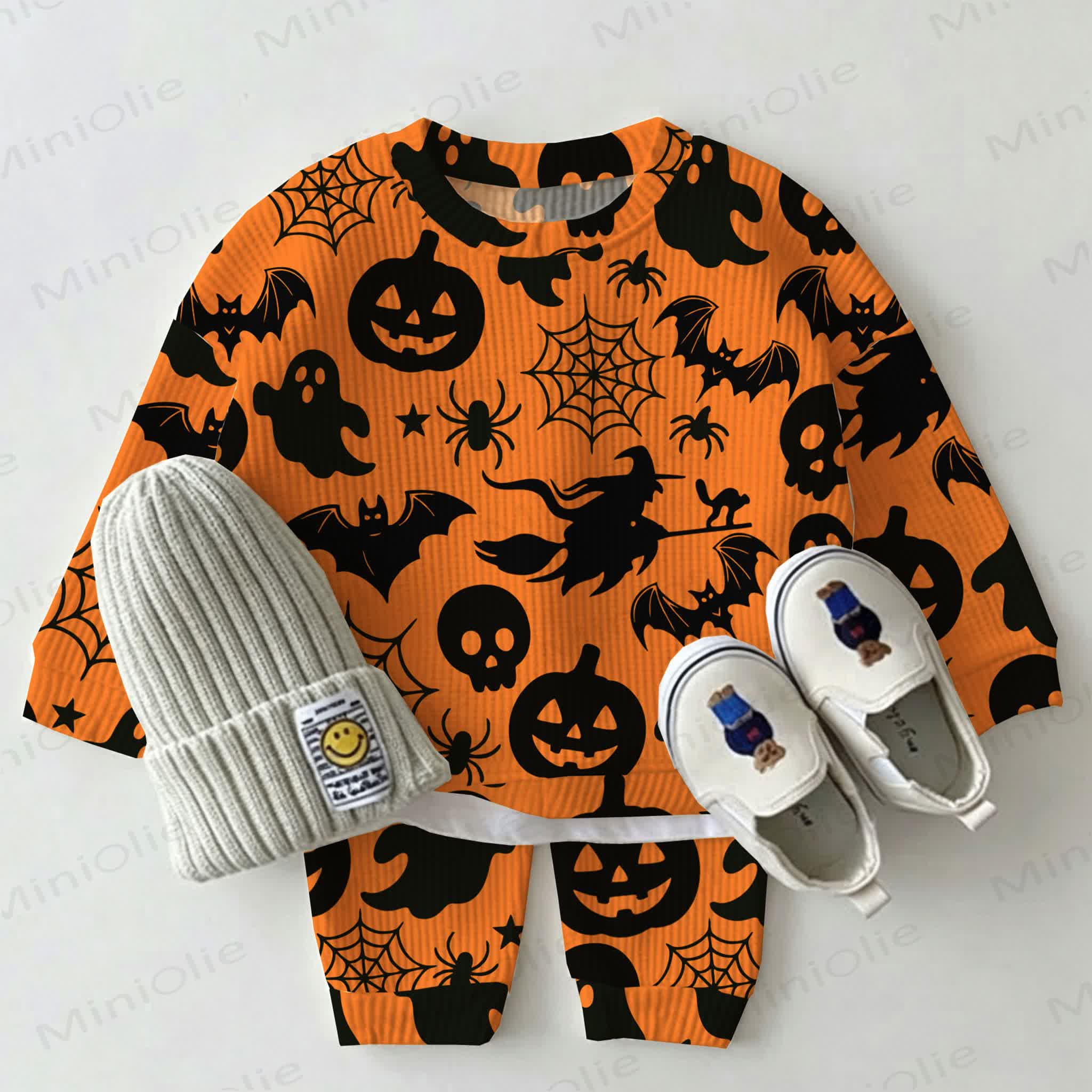 Baby Halloween Pumpkin Ghost Witch Bat Print Waffle 2-piece Set - Orange - 2-3T - image 1
