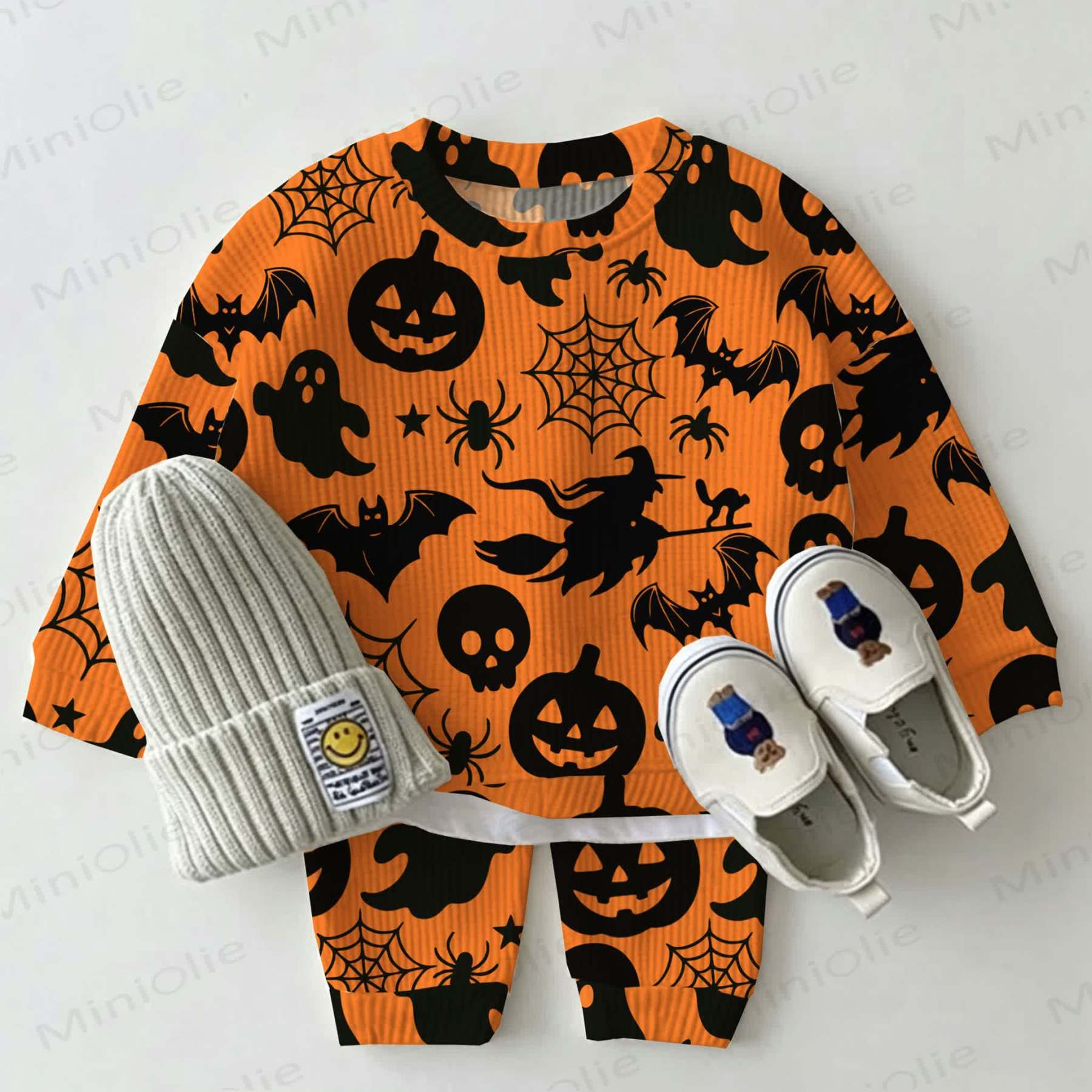 Baby Halloween Pumpkin Ghost Witch Bat Print Waffle 2-piece Set - Orange - 2-3T - image 1
