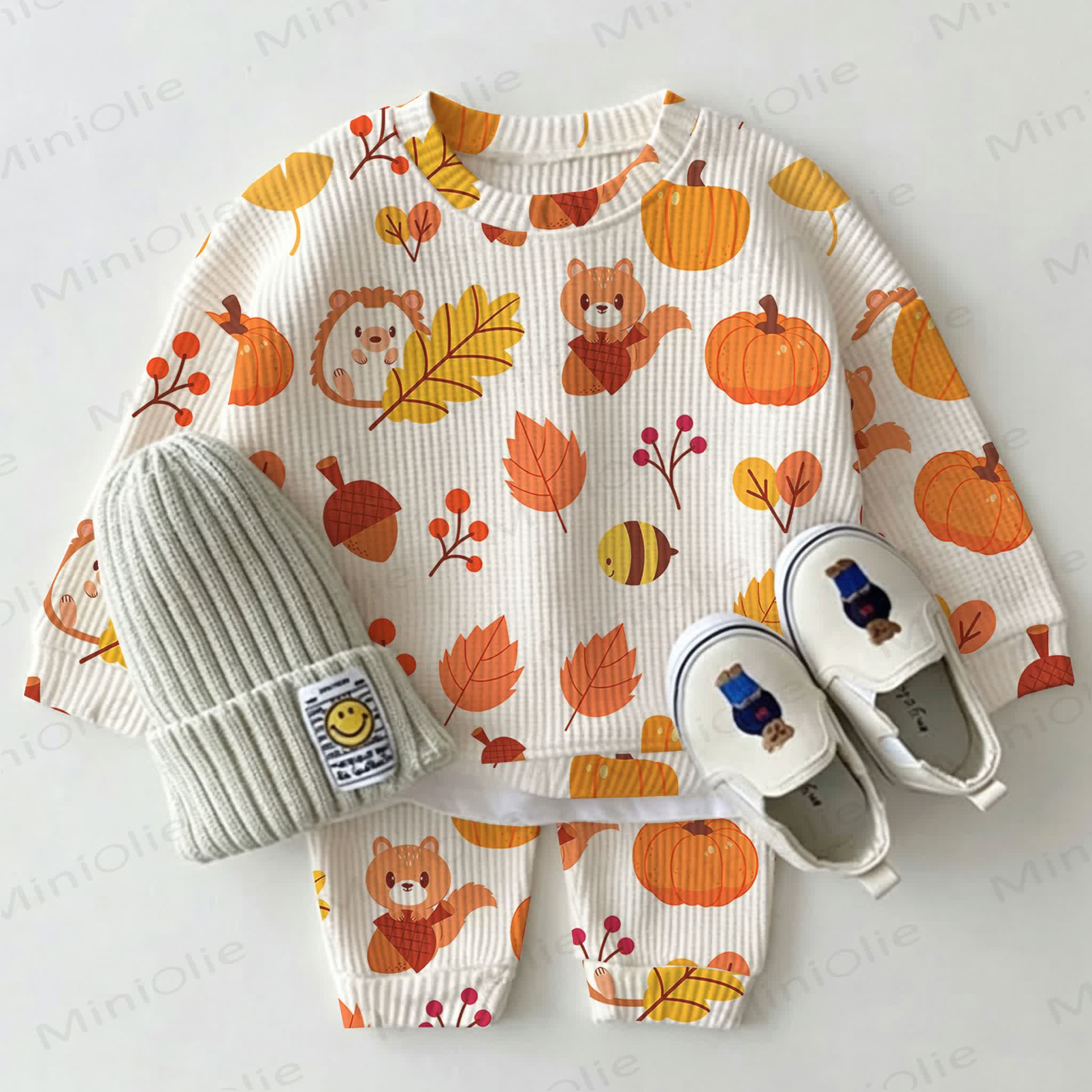 Baby Fall Squirrel Pumpkin Leaf Print Waffle 2-piece Set - Beige - 2-3T - image 1