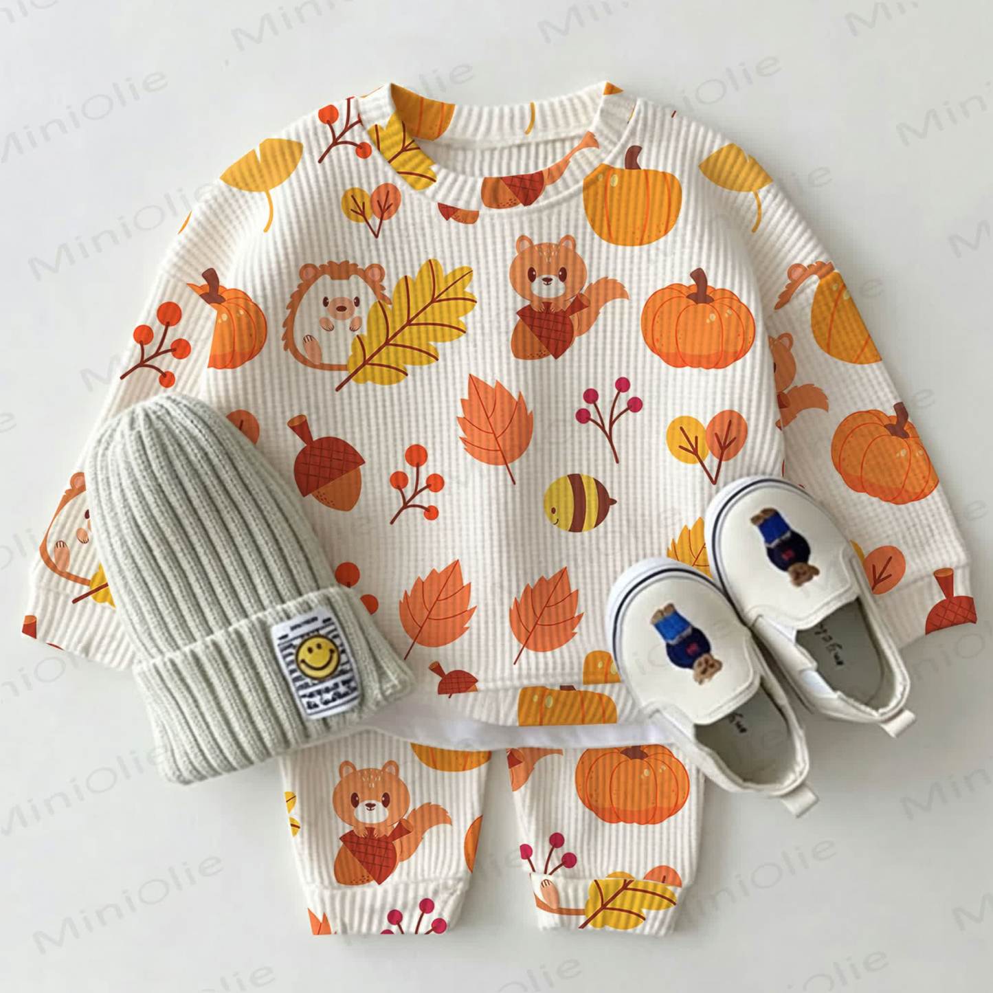 Baby Fall Squirrel Pumpkin Leaf Print Waffle 2-piece Set - Beige - 2-3T - image 1