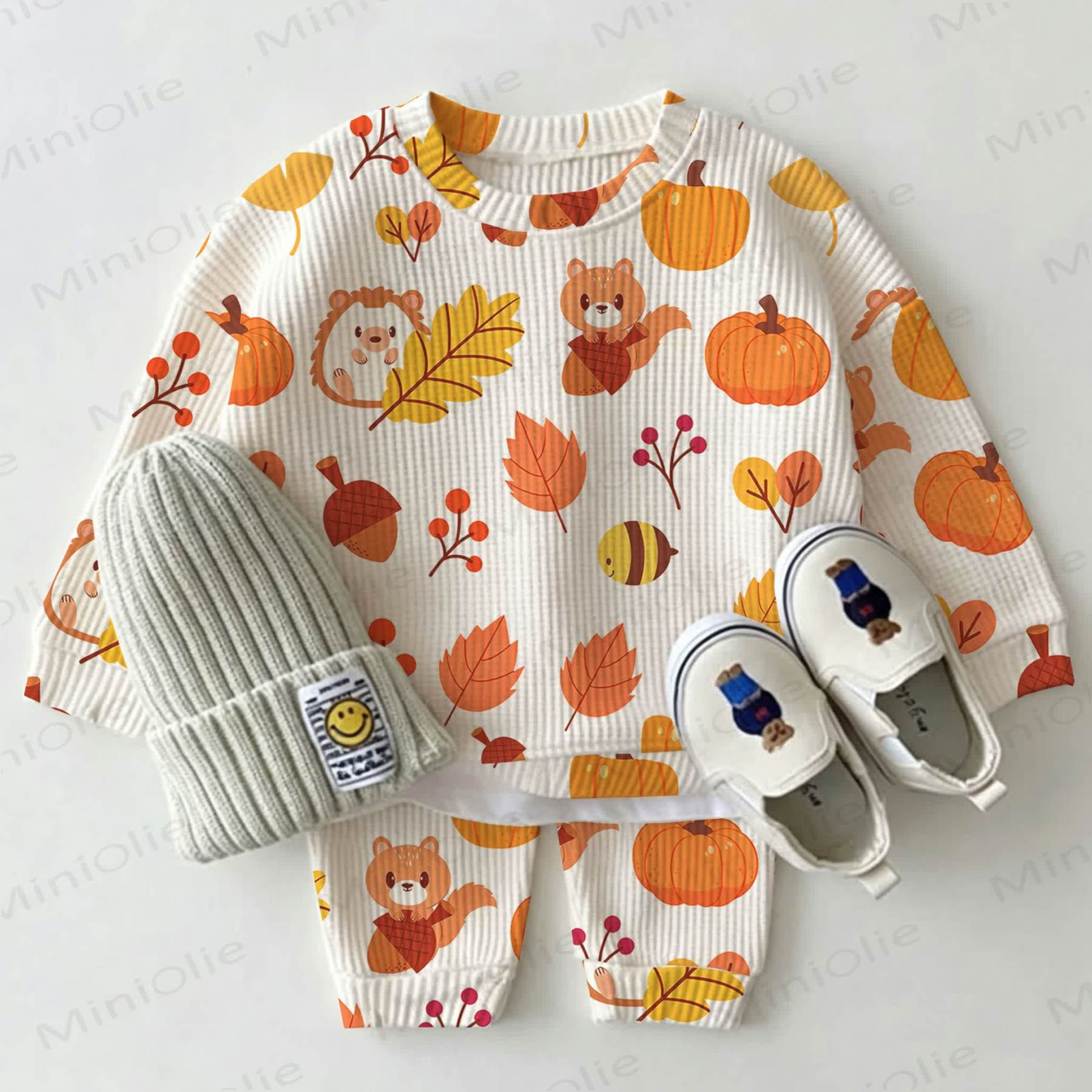 Baby Fall Squirrel Pumpkin Leaf Print Waffle 2-piece Set - Beige - 2-3T - image 1