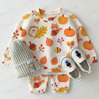 Baby Fall Squirrel Pumpkin Leaf Print Waffle 2-piece Set - Beige - 2-3T - image 1