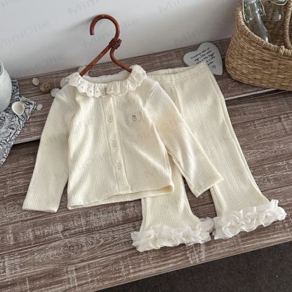 Baby Toddler Girl Ribbed Ruffle Collar Top and Flare Pants Set - Beige - 3-4T - image 2