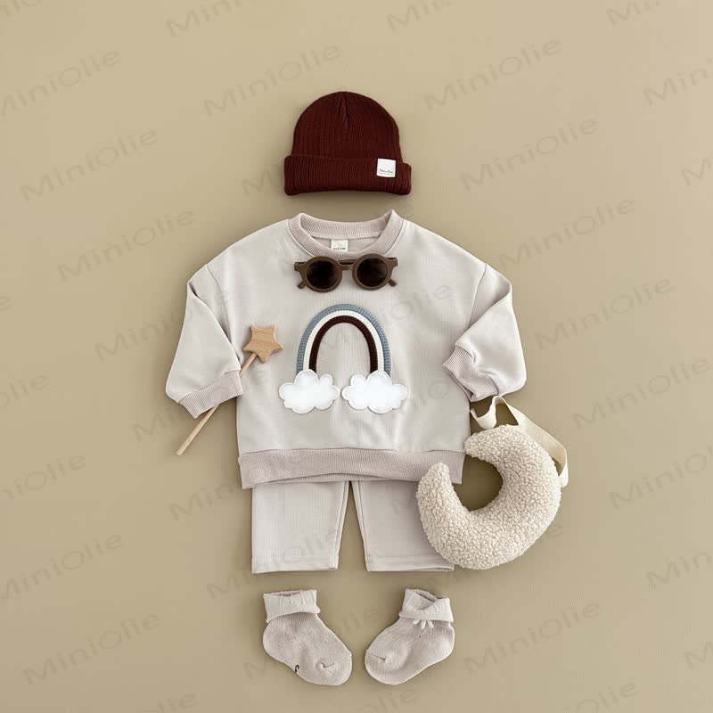 Baby Rainbow Cloud Applique Sweatshirt and Pants Set - Beige - 4Y - image 3