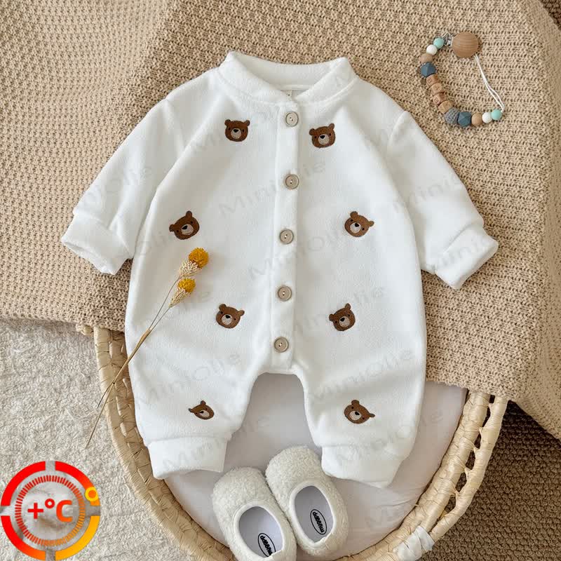 Baby Teddy Embroidered Fleece Button Front Romper - White - 12-18M - image 1