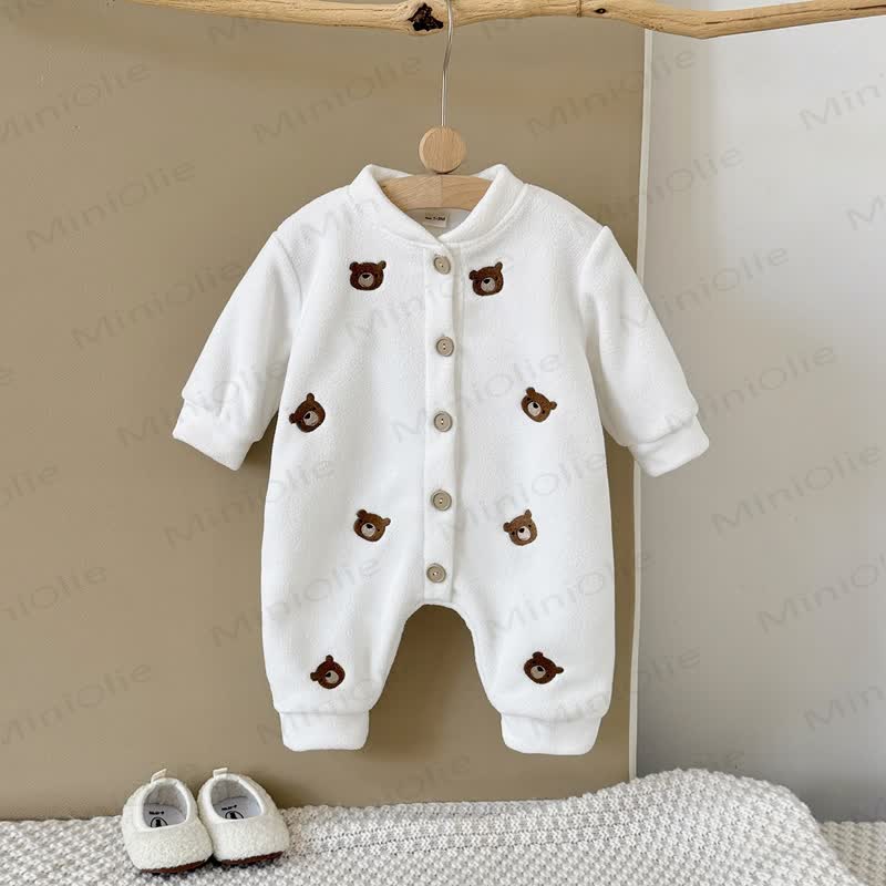 Baby Teddy Embroidered Fleece Button Front Romper - image 2