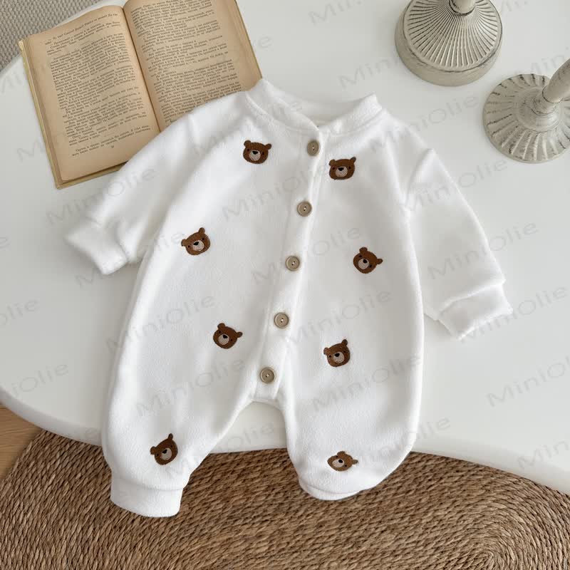 Baby Teddy Embroidered Fleece Button Front Romper - image 3