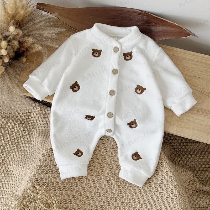 Baby Teddy Embroidered Fleece Button Front Romper - image 4