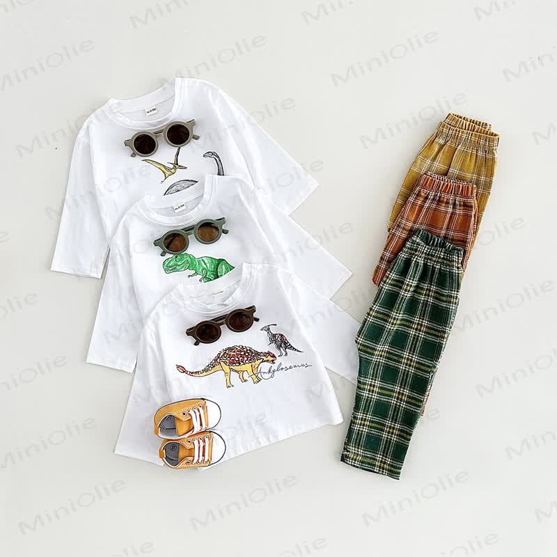 Baby Toddler Dino Print White Tee and Plaid Pants Set - image 1