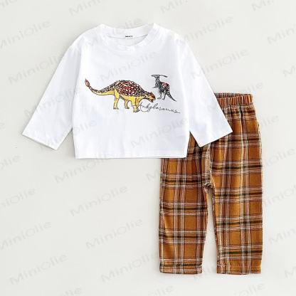 Baby Toddler Dino Print White Tee and Plaid Pants Set - Orange - 2-3Y - image 2