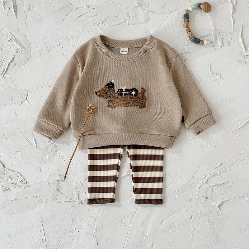 Baby Toddler Daschund Applique Sweatshirt and Striped Leggings Set - Brown - 2-3Y - image 3