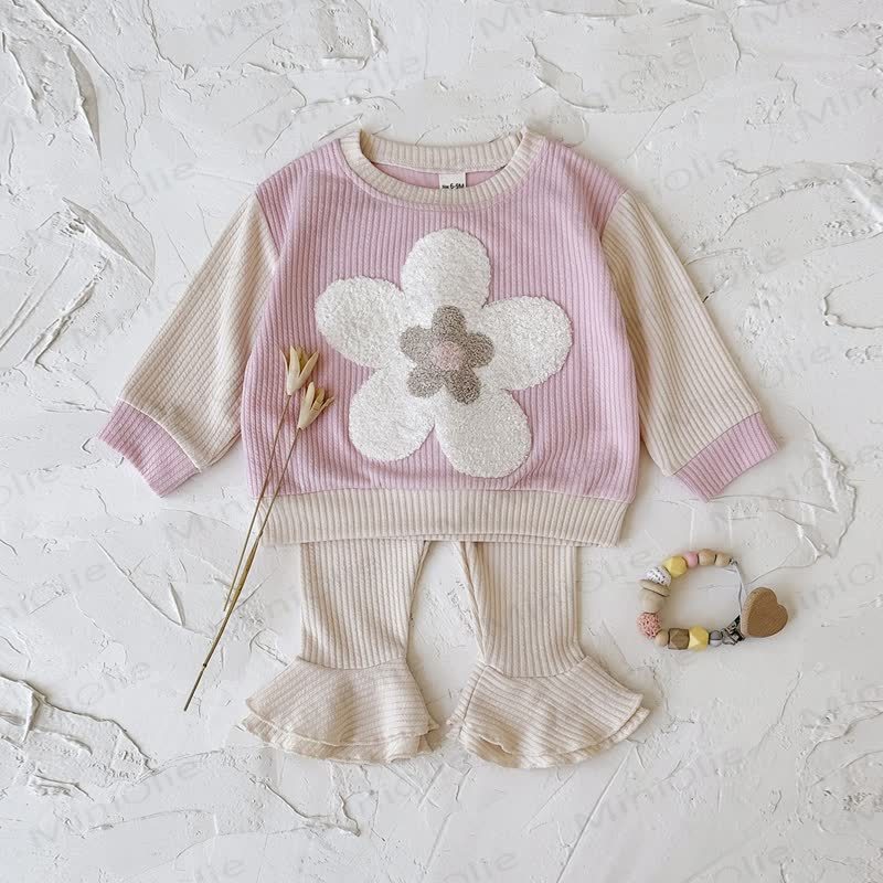 Baby Girl Pink Floral Applique Sweatshirt and Flare Pants Set - Pink - 2-3T - image 1