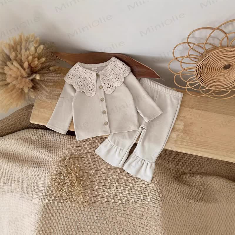 Baby Beige Vintage Lace Collar Top and Pants Set - image 1