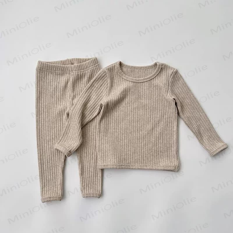 Toddler Baby Solid Color Ribbed Long Sleeve Top and Pants Pyjama Set - Beige - 6-7T - image 2