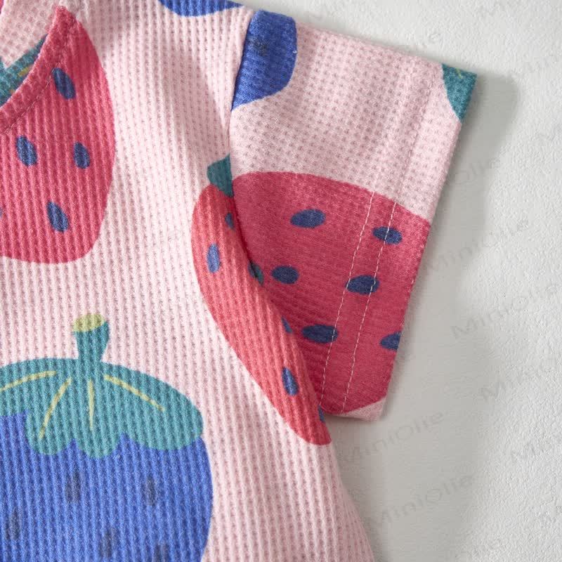 Baby Pink Strawberry Print Waffle Tee and Shorts 2-piece Set - image 5