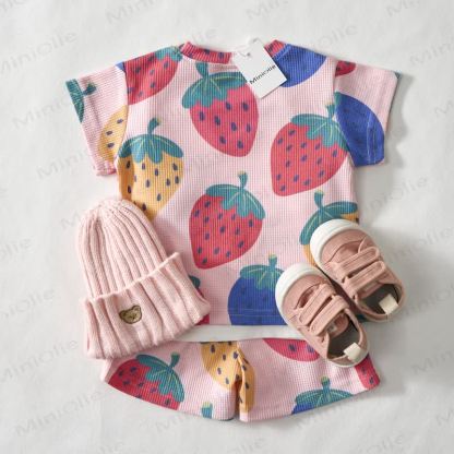 Baby Pink Strawberry Print Waffle Tee and Shorts 2-piece Set - image 3