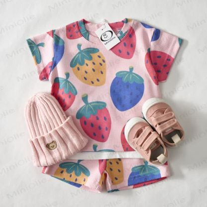 Baby Pink Strawberry Print Waffle Tee and Shorts 2-piece Set - image 2