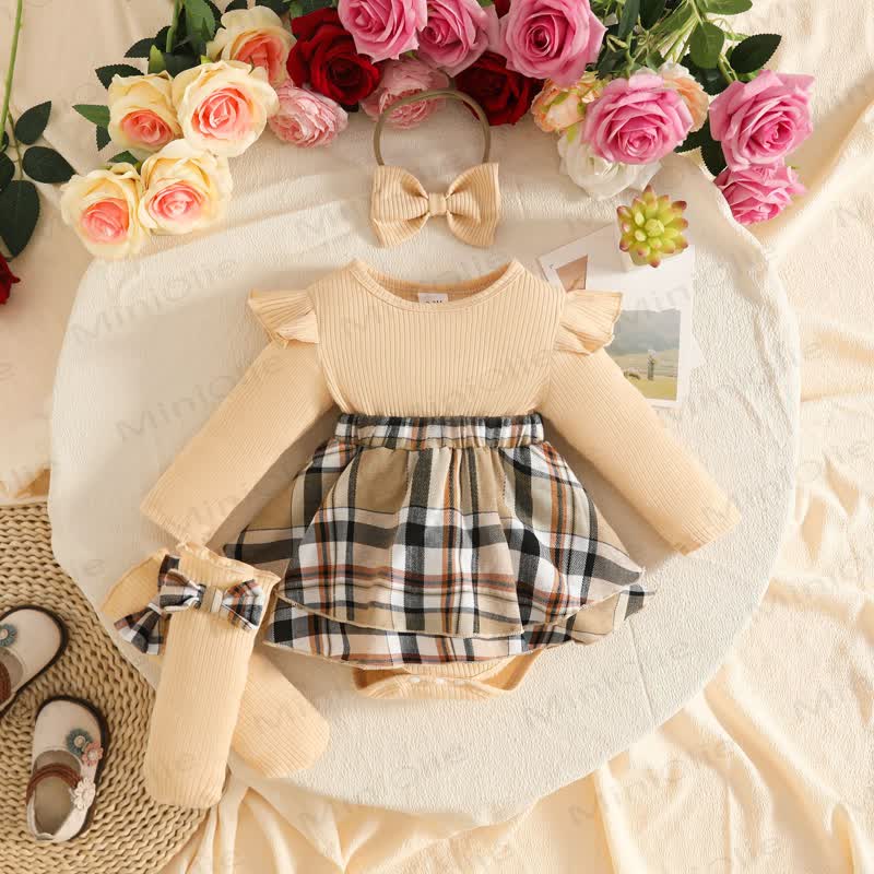 Baby Girl Plaid Skirt Bodysuit Headband Socks - Beige - 12-18M - image 9