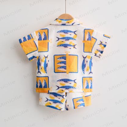 Toddler Boys Canned Sardine Print White Shirt and Shorts 2-piece Set - image 3