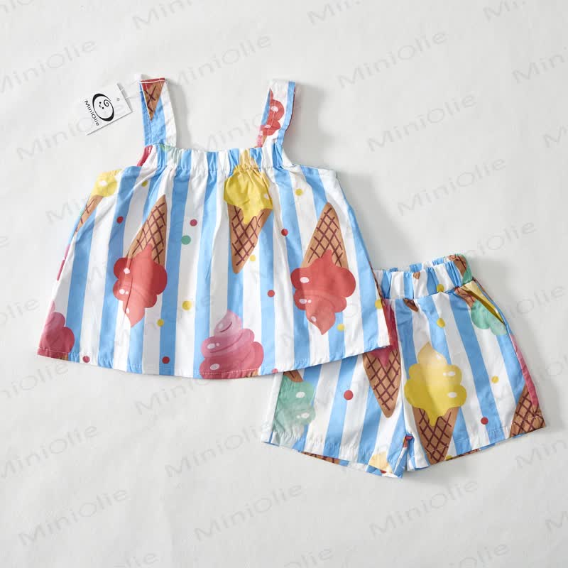 Baby Toddler Ice Cream White&Blue Striped Strap Top and Shorts 2-piece Set - image 2