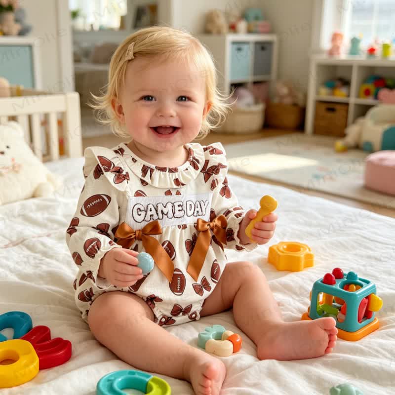 GAME DAY Baby Football Bow Bodysuit  - Brown - 12-18M - image 1