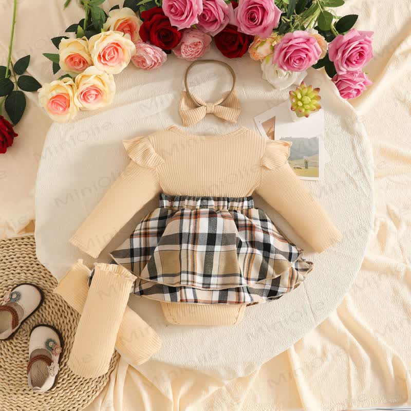 Baby Girl Plaid Skirt Bodysuit Headband Socks - image 10