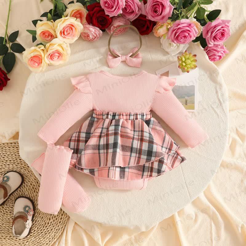 Baby Girl Plaid Skirt Bodysuit Headband Socks - image 3