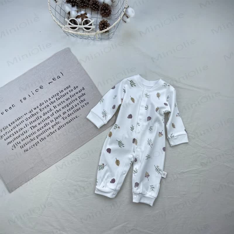 Baby Cotton Long Sleeve Romper - White Leave - 12-18M - image 5
