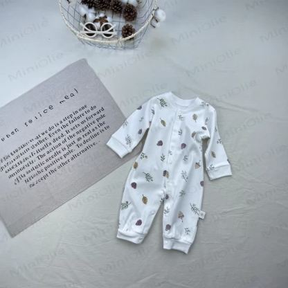 Baby Cotton Long Sleeve Romper - White Leave - 12-18M - image 5
