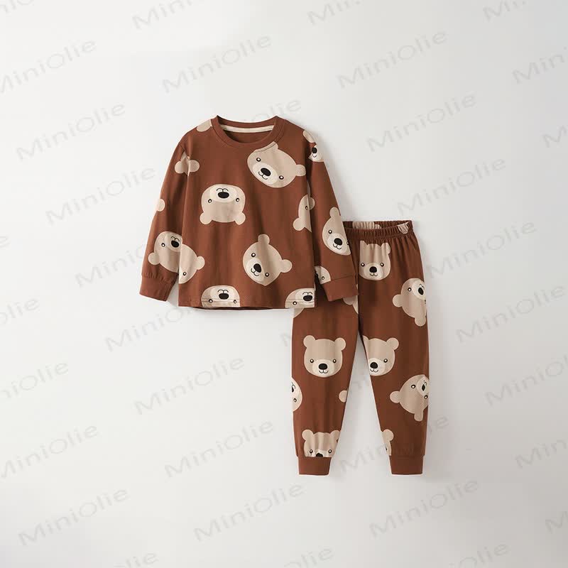 Toddler Kid Brown Bear Print Long Sleeve Loungewear Set - Brown - 10-11T - image 1