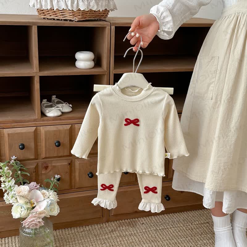 Baby Toddler Ribbed Bow Long Sleeve Top and Pants 2-piece Set - Beige - 3-4T - image 1