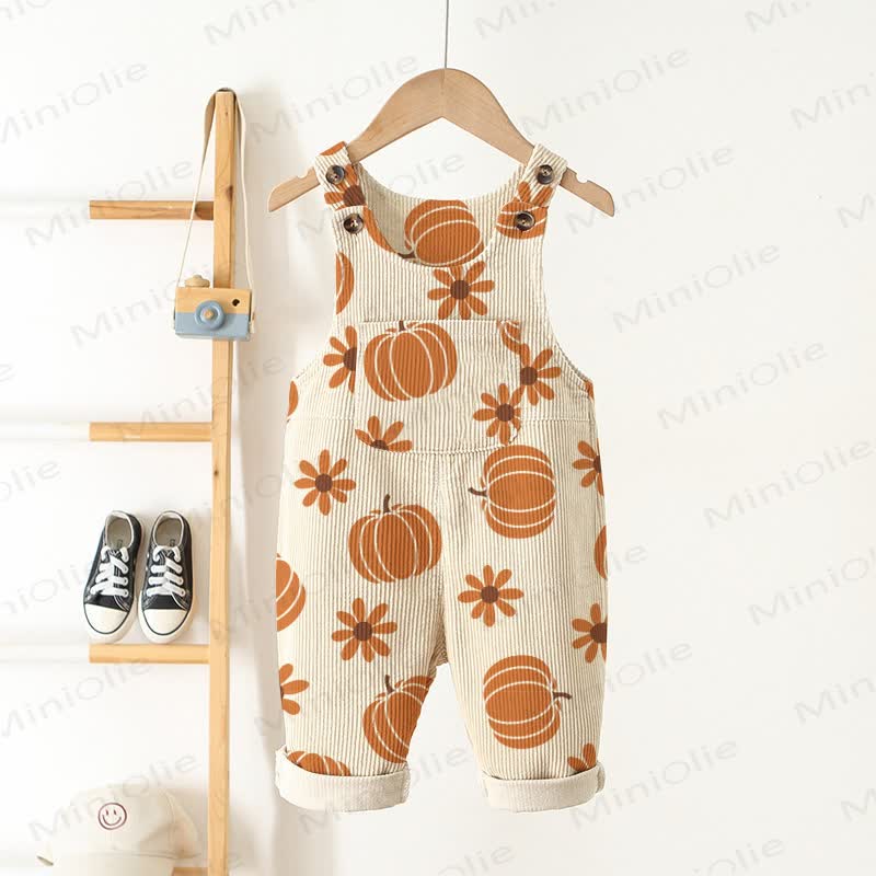 Baby Toddler Beige Pumpkin and Flower Corduroy Pocket Overalls - Beige - 5-7T - image 1