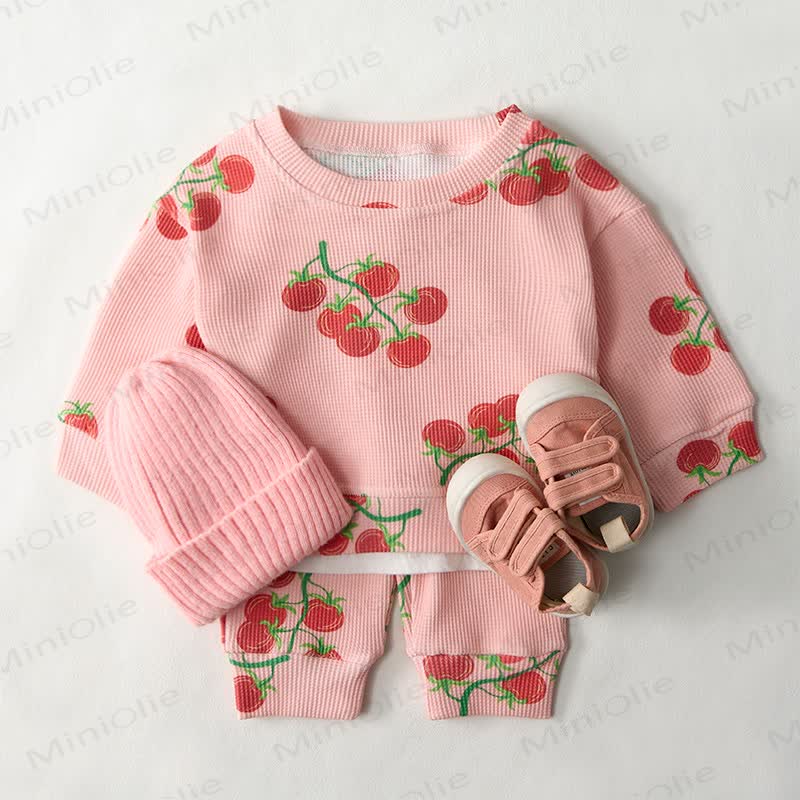 Baby Tomato Print Pink Waffle Sweatshirt 2-piece Set - image 2