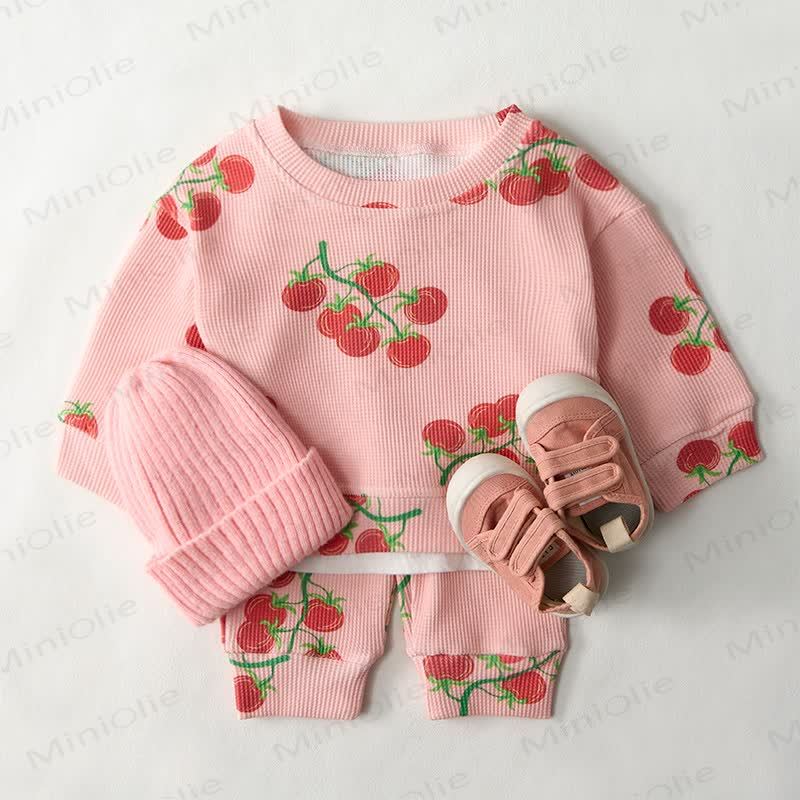 Baby Tomato Print Pink Waffle Sweatshirt 2-piece Set - image 2