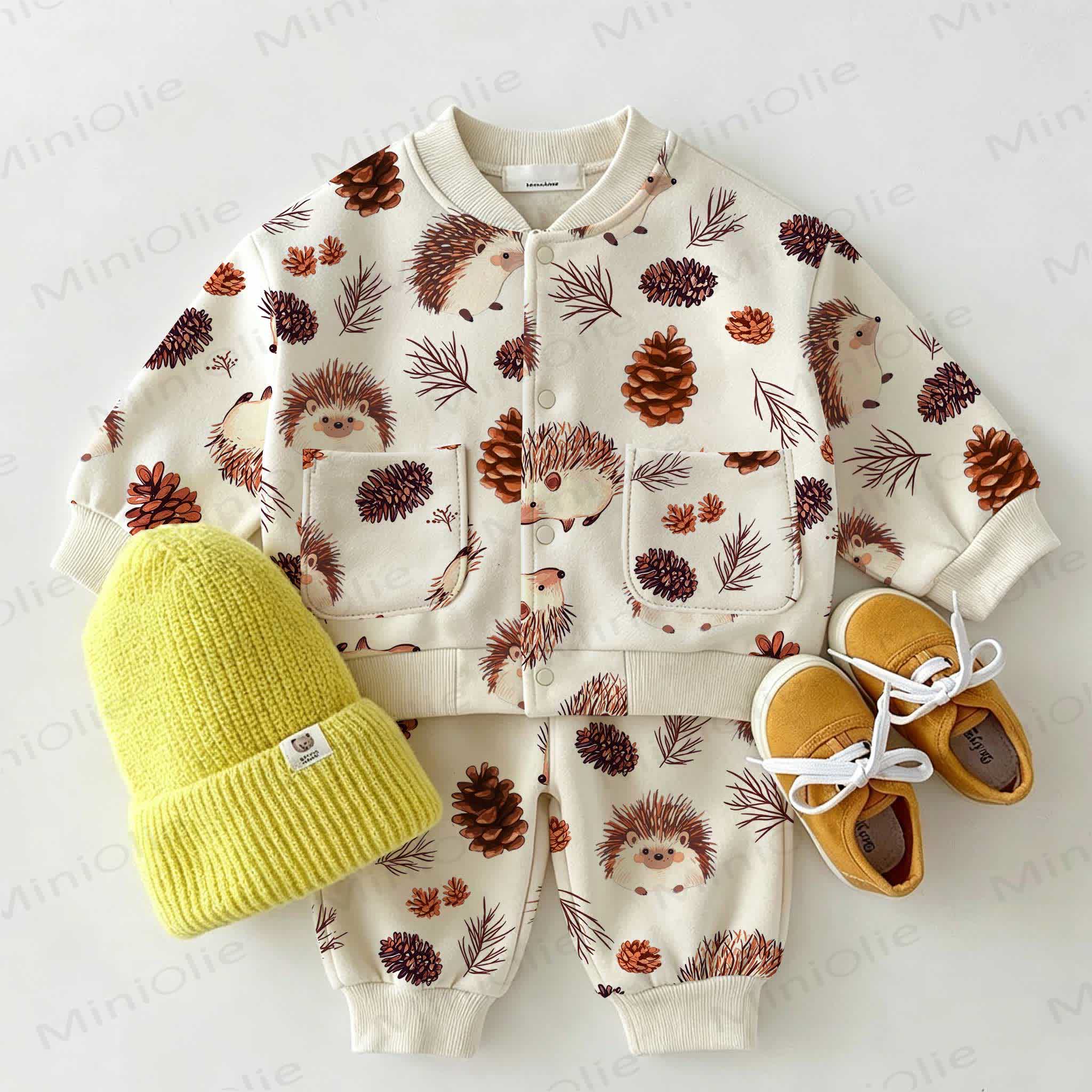 Baby Hedgehog & Pinecone Print 2-piece Set - Beige - 3-5T - image 1