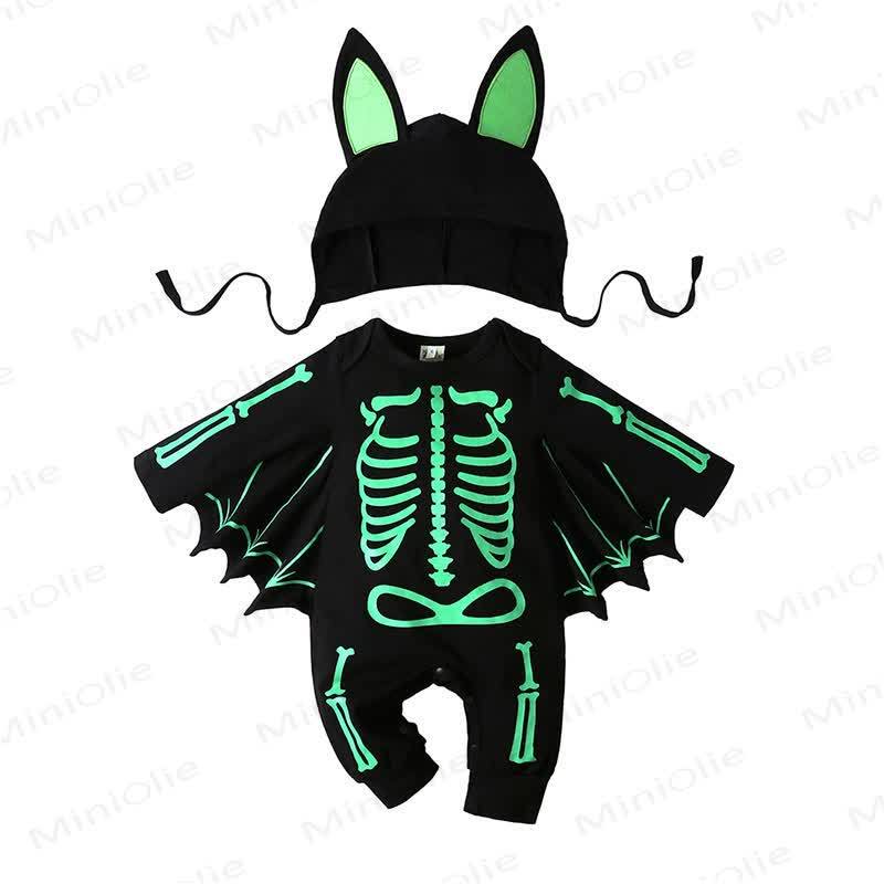 Baby Halloween Skeleton Batwing Romper Hat Set - Green - 18-24M - image 3