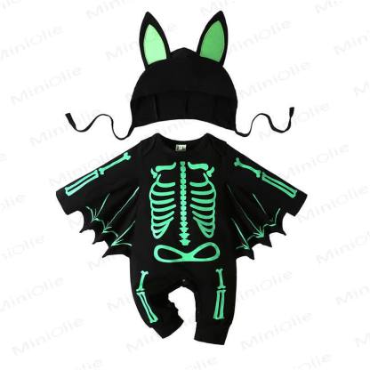 Baby Halloween Skeleton Batwing Romper Hat Set - Green - 18-24M - image 3