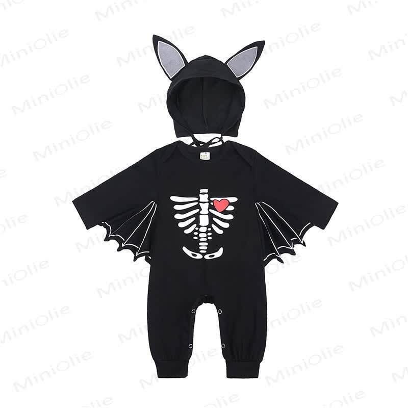 Baby Halloween Bat Wing Black Cotton Romper and Hat - Black Skeleton - 18-24M - image 2