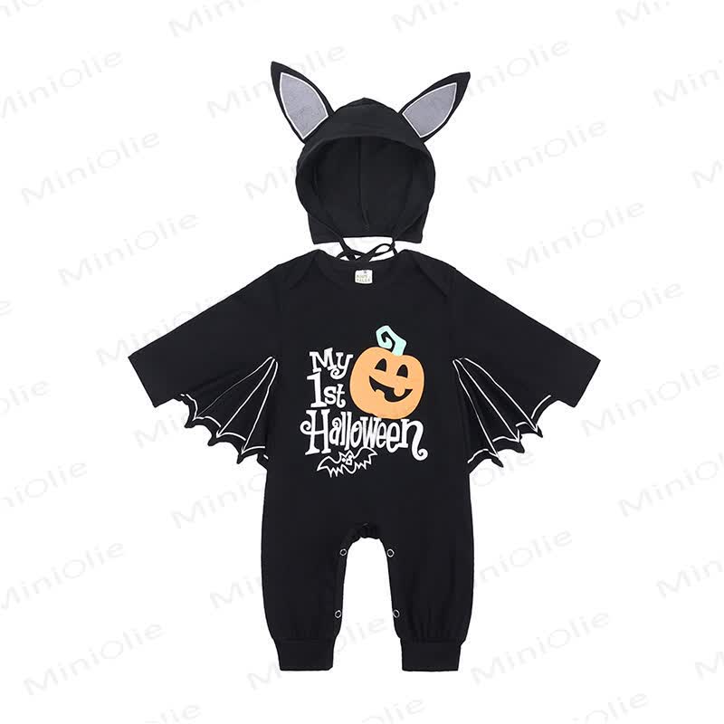 Baby Halloween Bat Wing Black Cotton Romper and Hat - Black Slogan - 18-24M - image 3