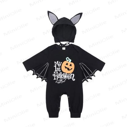 Baby Halloween Bat Wing Black Cotton Romper and Hat - Black Slogan - 18-24M - image 3